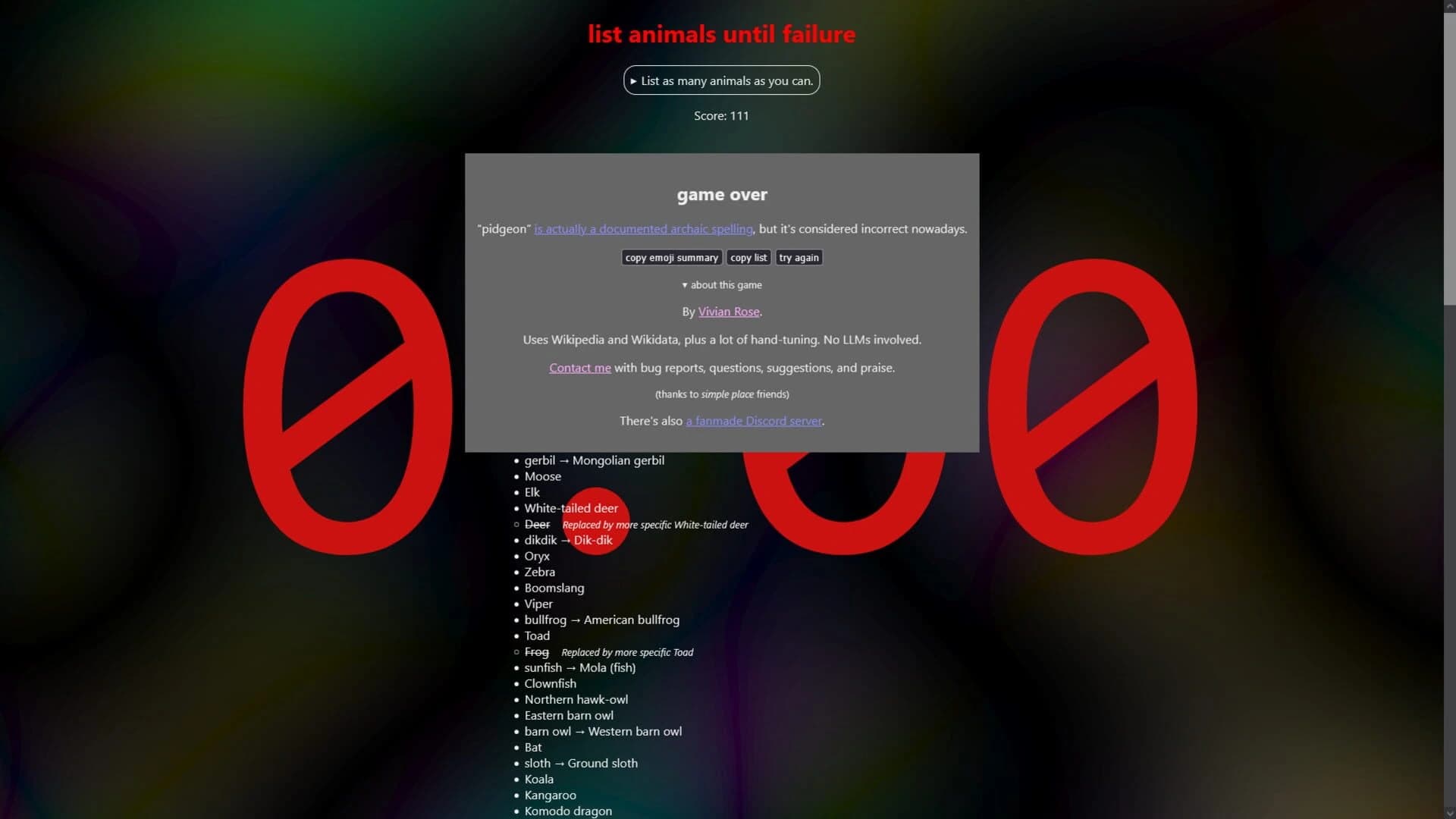 List Animals Until Failure screenshot 2